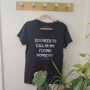 Life Is Good Black V-Neck Tee with White Graphic Text